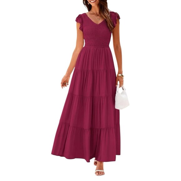 NWT PrettyGarden Summer Flowy Maxi Dress Cap Sleeve V-Neck Smocked Womens Large - Picture 4 of 13